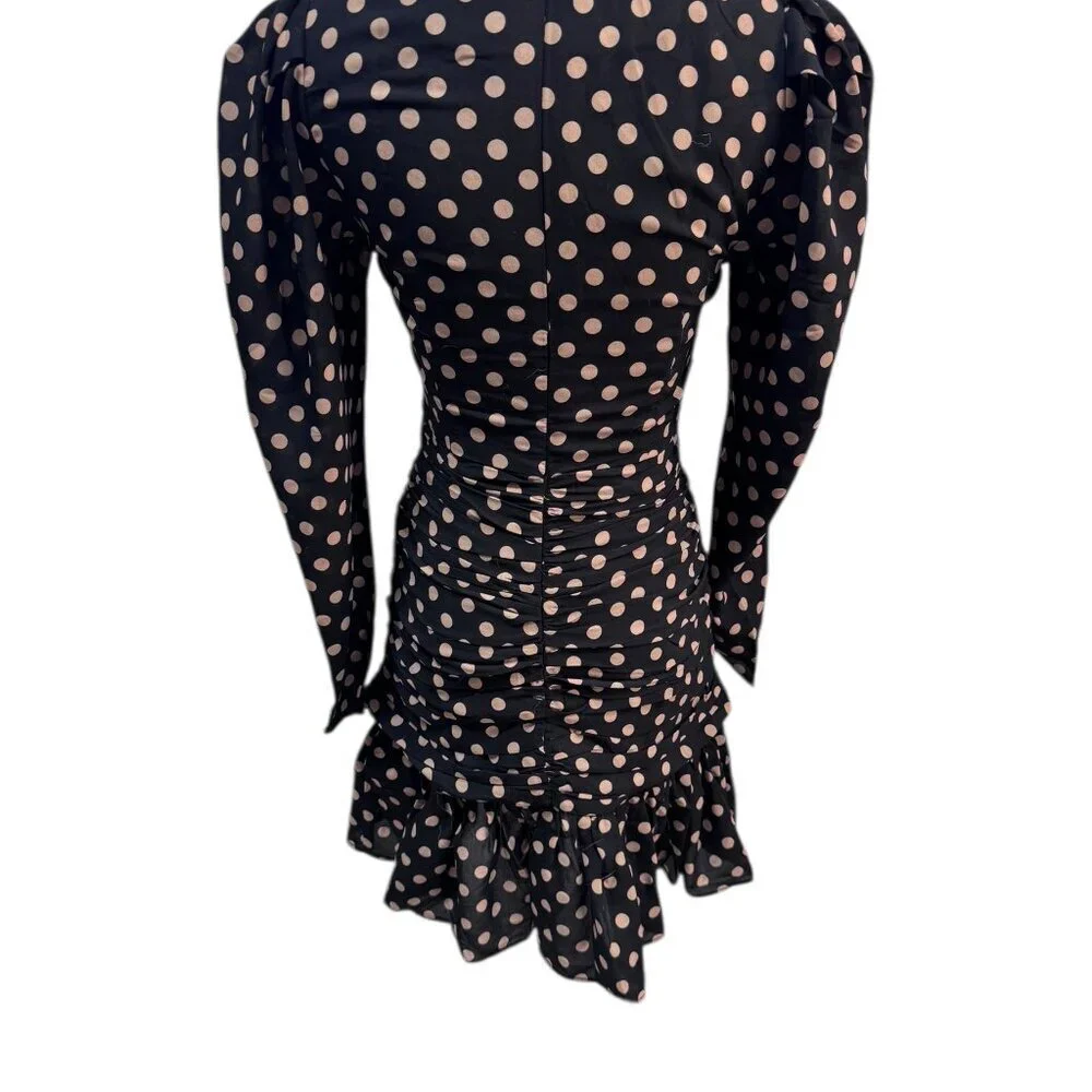 MINKPINK Black Tan Polka Dot Ruched Mini Dress XS Long Sleeve Like New